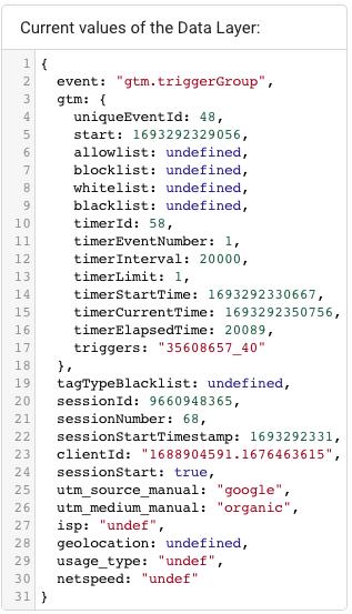 DataLayer The Data Layer section will display the precise message sent to the data layer for the chosen event, along with the appearance of the data layer after the message process is finished. Click on an event in the side menu to see the condition of the data layer when the event was triggered.