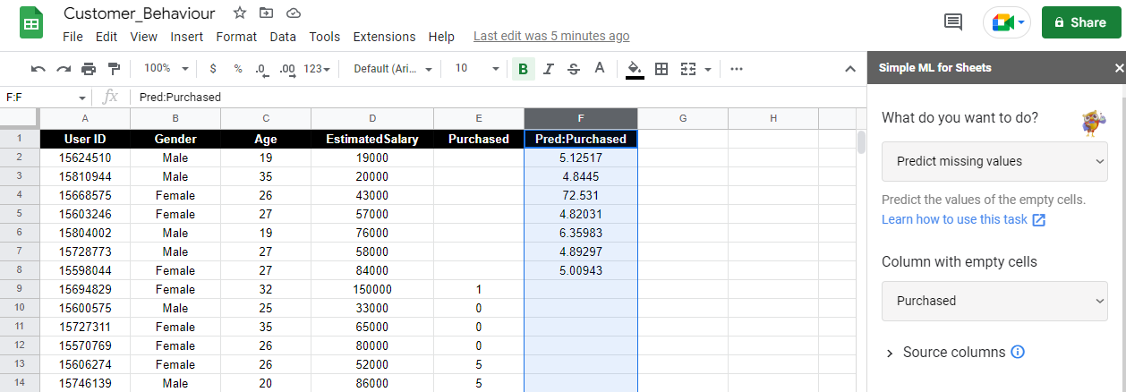 Getting started with Simple ML for Sheets