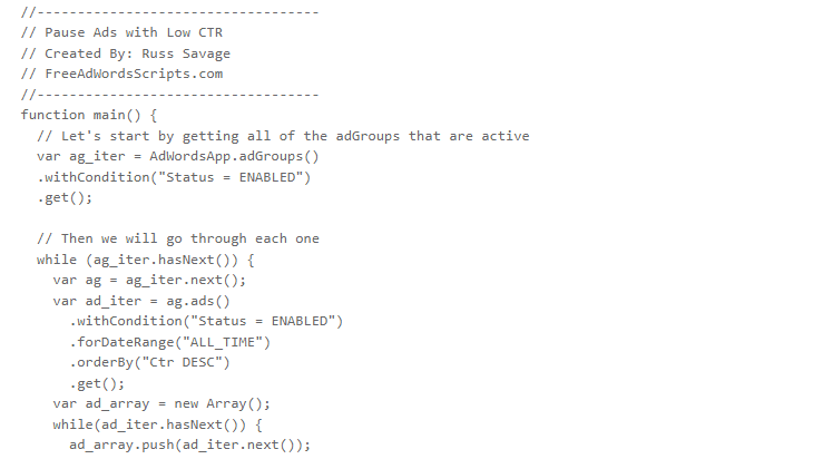 Pause ads with low CTR by Free Adwords Scripts