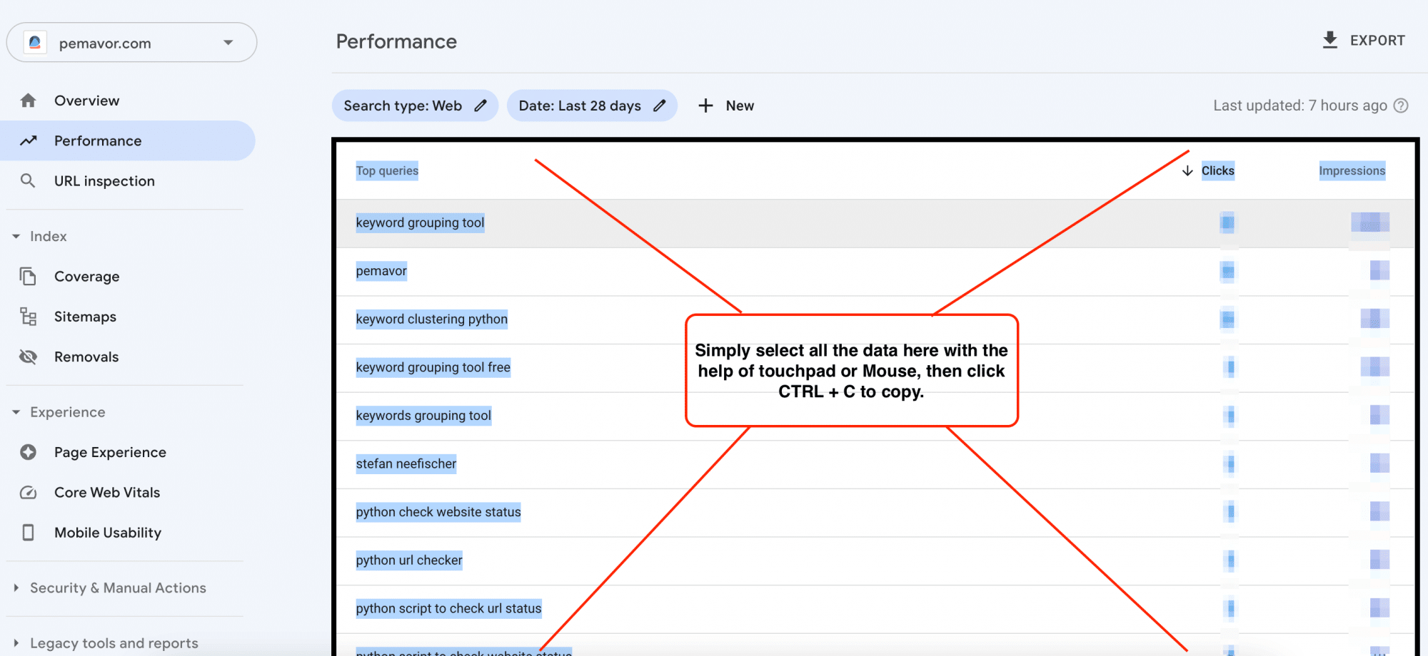 copy data from search console