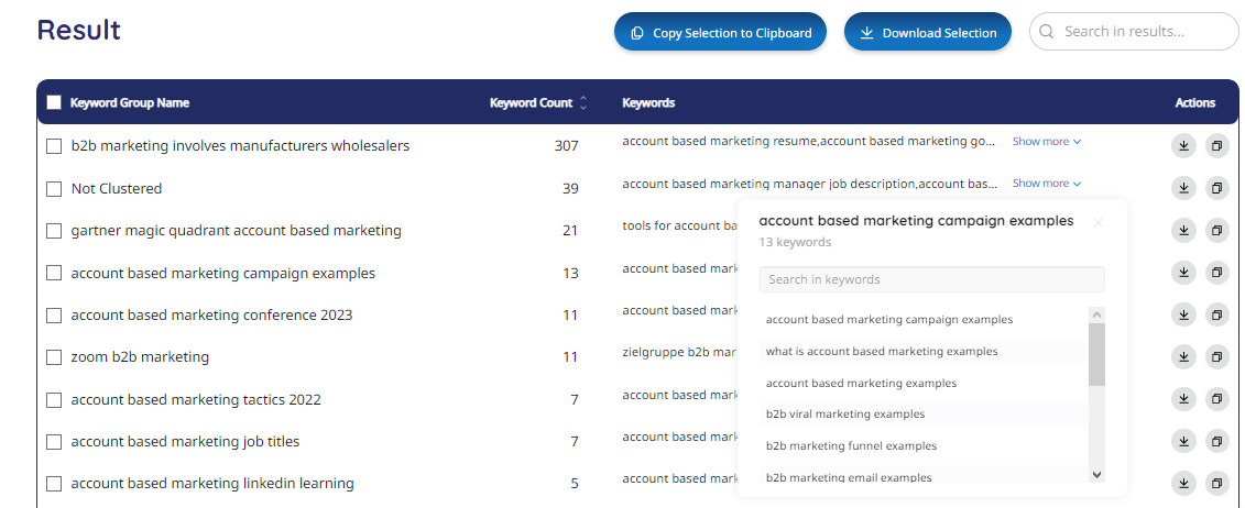 Export the results in grouping.