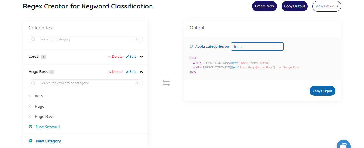 Create regex code for keyword classification on Google Looker Query Builder