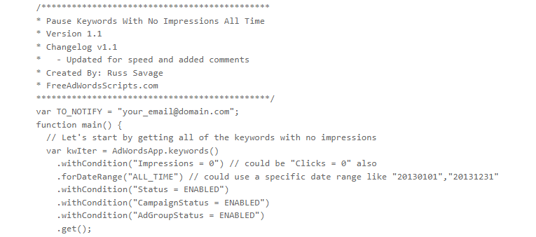 Pause all keywords with no impressions by Free Adwords Scripts