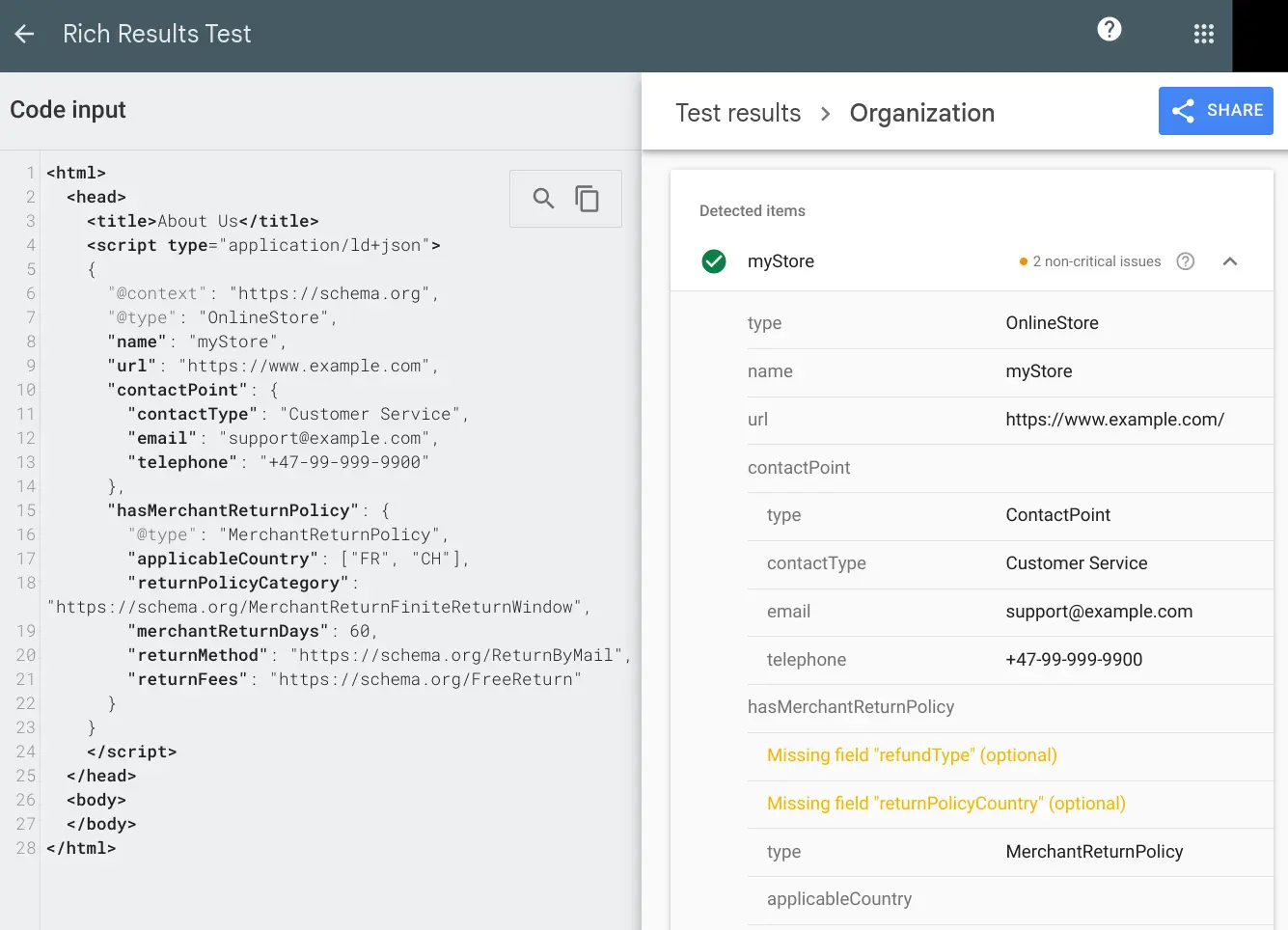 rich results test return policy PEMAVOR